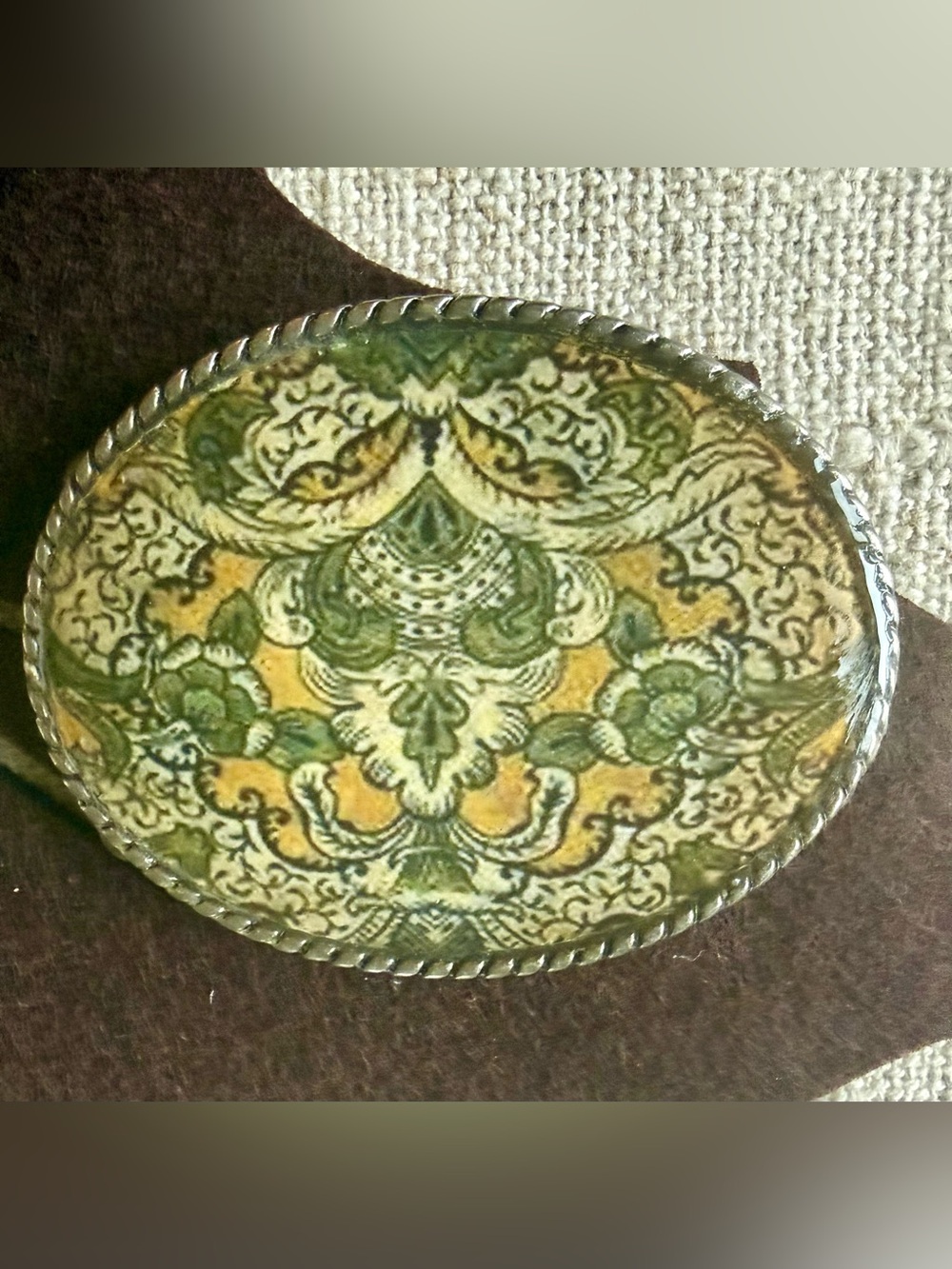 Princess & Butch Oval Belt Buckle Green Gold Boho Floral Western Statement